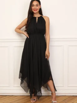 Sale La Modeuse Robe longue évasée à volants Noir