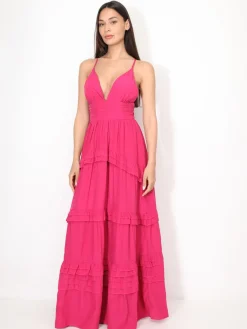 Online La Modeuse Robe longue évasée à volants Fuchsia