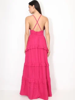 Online La Modeuse Robe longue évasée à volants Fuchsia