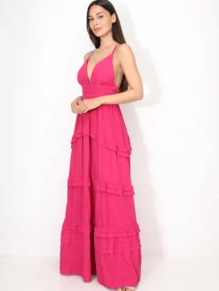 Online La Modeuse Robe longue évasée à volants Fuchsia