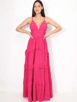 Online La Modeuse Robe longue évasée à volants Fuchsia