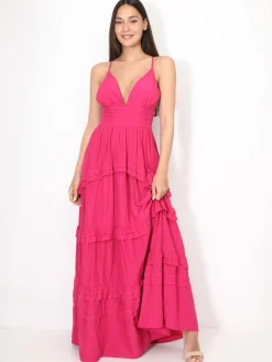 Online La Modeuse Robe longue évasée à volants Fuchsia