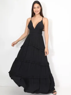 Clearance La Modeuse Robe longue évasée à volants Noir