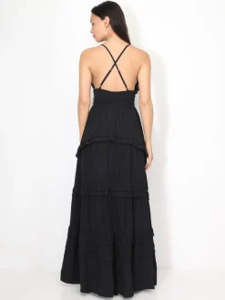 Clearance La Modeuse Robe longue évasée à volants Noir