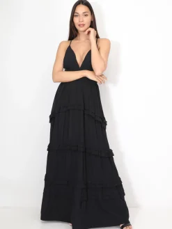 Clearance La Modeuse Robe longue évasée à volants Noir