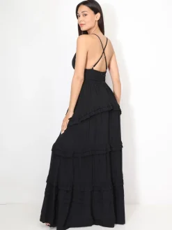 Clearance La Modeuse Robe longue évasée à volants Noir