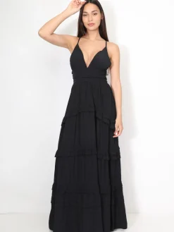Clearance La Modeuse Robe longue évasée à volants Noir