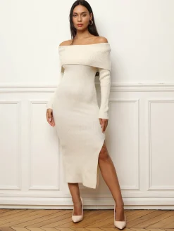 Discount La Modeuse Robe mi-longue à col bardot et sequins Beige