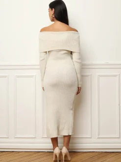 Discount La Modeuse Robe mi-longue à col bardot et sequins Beige
