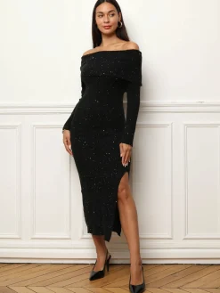 New La Modeuse Robe mi-longue à col bardot et sequins Noir