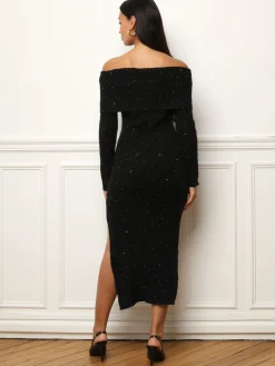 New La Modeuse Robe mi-longue à col bardot et sequins Noir