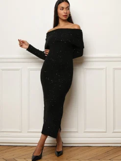 New La Modeuse Robe mi-longue à col bardot et sequins Noir