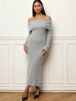 Discount La Modeuse Robe mi-longue à col bardot et sequins Gris