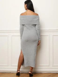 Discount La Modeuse Robe mi-longue à col bardot et sequins Gris