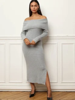 Discount La Modeuse Robe mi-longue à col bardot et sequins Gris