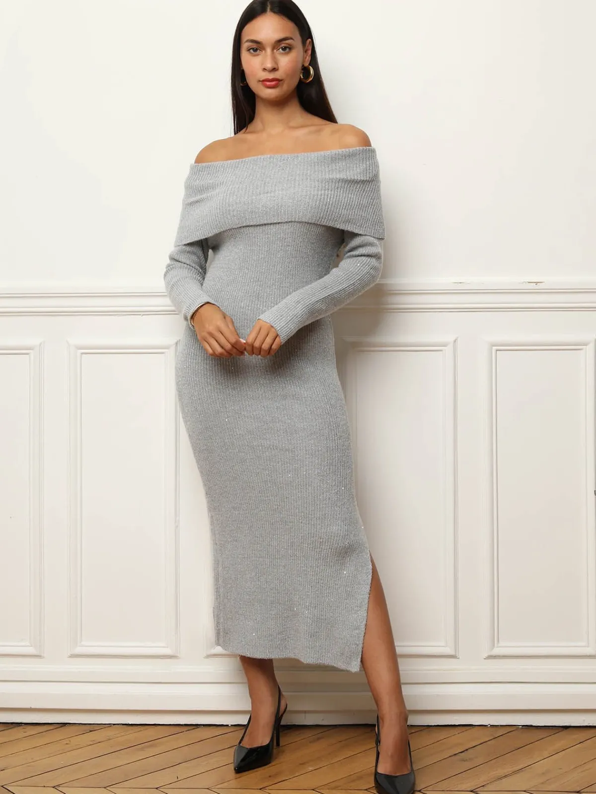 Discount La Modeuse Robe mi-longue à col bardot et sequins Gris