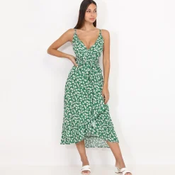 New La Modeuse Robe mi-longue à volants et petites fleurs Vert