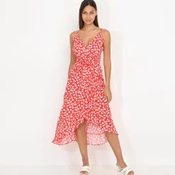 Hot La Modeuse Robe mi-longue à volants et petites fleurs Rouge