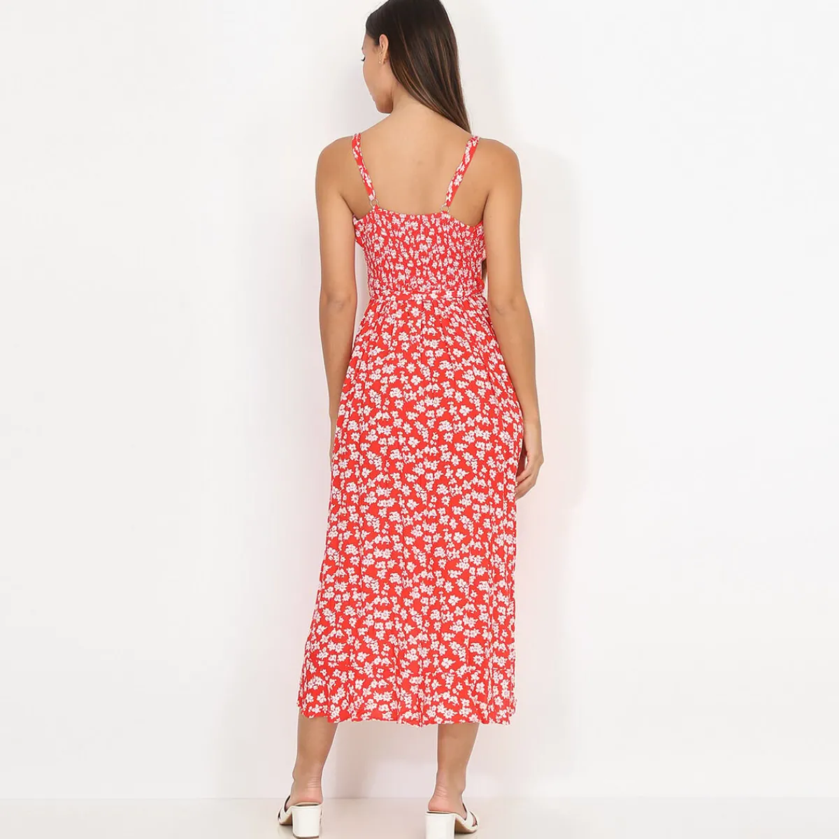 Hot La Modeuse Robe mi-longue à volants et petites fleurs Rouge
