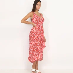 Hot La Modeuse Robe mi-longue à volants et petites fleurs Rouge