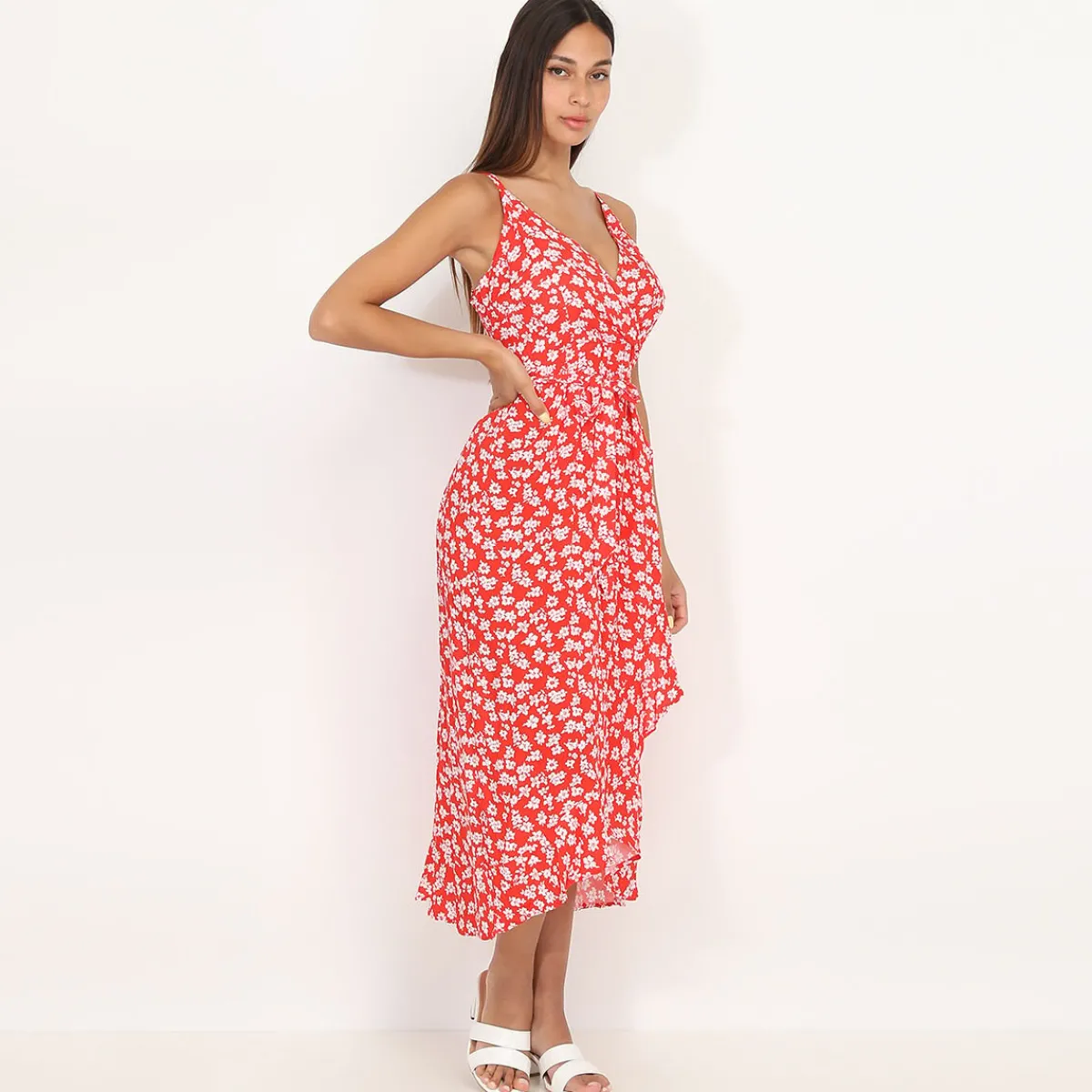 Hot La Modeuse Robe mi-longue à volants et petites fleurs Rouge