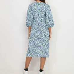 Online La Modeuse Robe mi-longue fleurie à manches bouffantes Vert