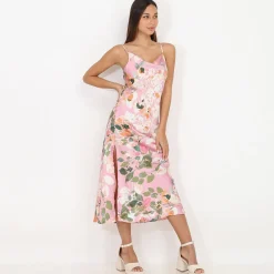 Best La Modeuse Robe mi-longue satinée à fleurs et boutons Rose