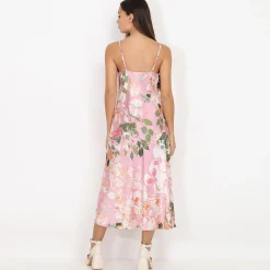 Best La Modeuse Robe mi-longue satinée à fleurs et boutons Rose