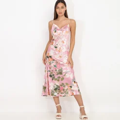 Best La Modeuse Robe mi-longue satinée à fleurs et boutons Rose