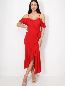 Clearance La Modeuse Robe moulante à volants Rougefoncé