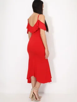 Clearance La Modeuse Robe moulante à volants Rougefoncé