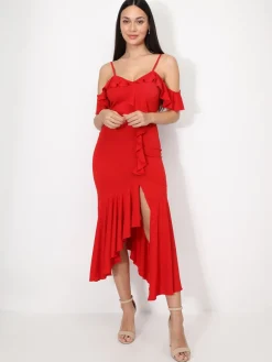 Clearance La Modeuse Robe moulante à volants Rougefoncé