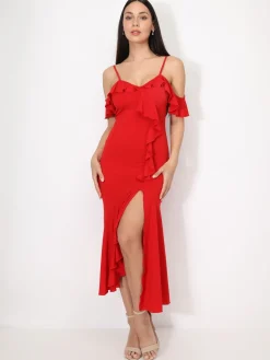 Clearance La Modeuse Robe moulante à volants Rougefoncé