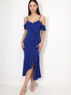 Discount La Modeuse Robe moulante à volants Bleufoncé