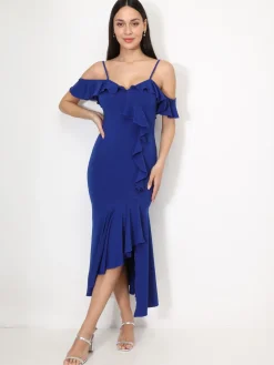 Discount La Modeuse Robe moulante à volants Bleufoncé