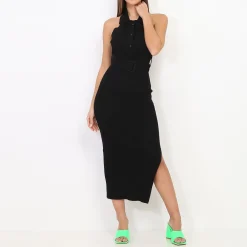 New La Modeuse Robe moulante ceinturée à fente Noir