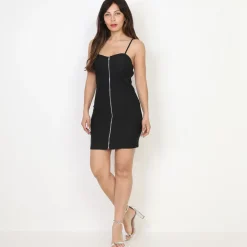 Outlet La Modeuse Robe moulante et zippée à bretelles Noir