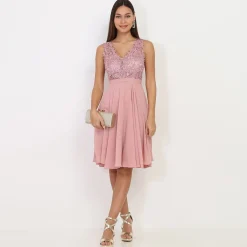 Clearance La Modeuse Robe patineuse à broderie et perles VieuxRose