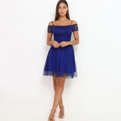 Sale La Modeuse Robe patineuse en dentelle et tulle Bleu