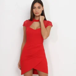 Online La Modeuse Robe portefeuille avec encolure dentelle Rouge