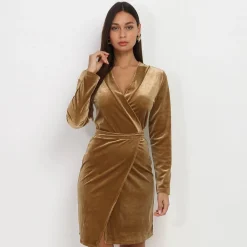 Discount La Modeuse Robe portefeuille en velours Camel