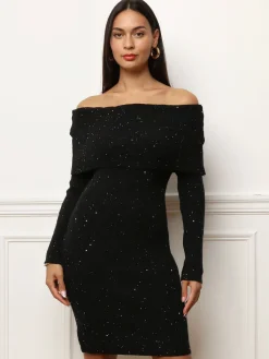 La Modeuse Robe pull à col bardot et sequins Noir
