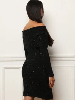La Modeuse Robe pull à col bardot et sequins Noir