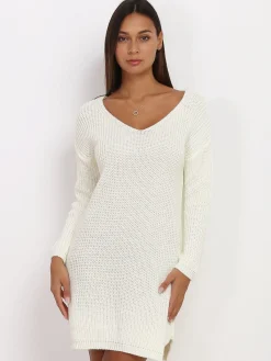 Best La Modeuse Robe pull ample à col v Ecru
