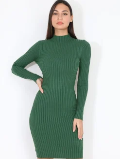 Hot La Modeuse Robe pull côtelée moulante Vertfoncé