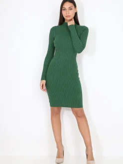 Hot La Modeuse Robe pull côtelée moulante Vertfoncé