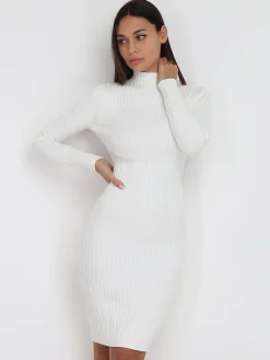 Discount La Modeuse Robe pull côtelée moulante Blanc