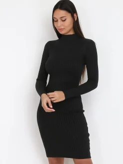 Hot La Modeuse Robe pull côtelée moulante Noir