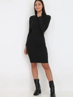 Hot La Modeuse Robe pull côtelée moulante Noir