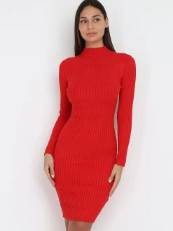 La Modeuse Robe pull côtelée moulante Rouge